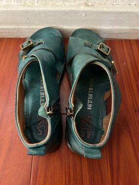 A.S.98 Teal Leather Buckle Clog Mules